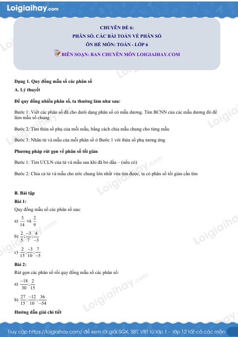 Dạng 1. Quy đồng mẫu số các phân số Chủ đề 6 Ôn hè Toán 6